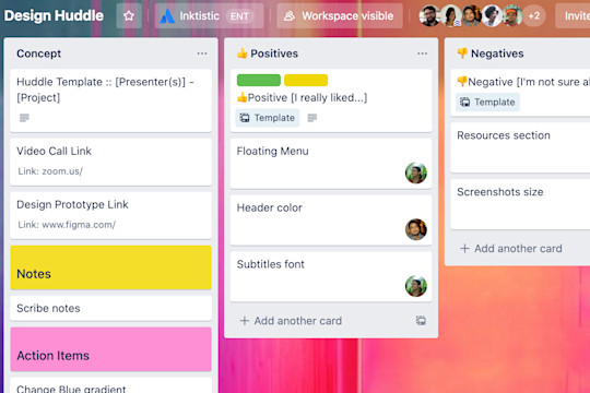 A view of a Trello board depicting three columns for a design huddle - Concept, Positives, Negatives.