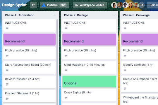 A view of a Trello board depicting the phases within a design sprint.
